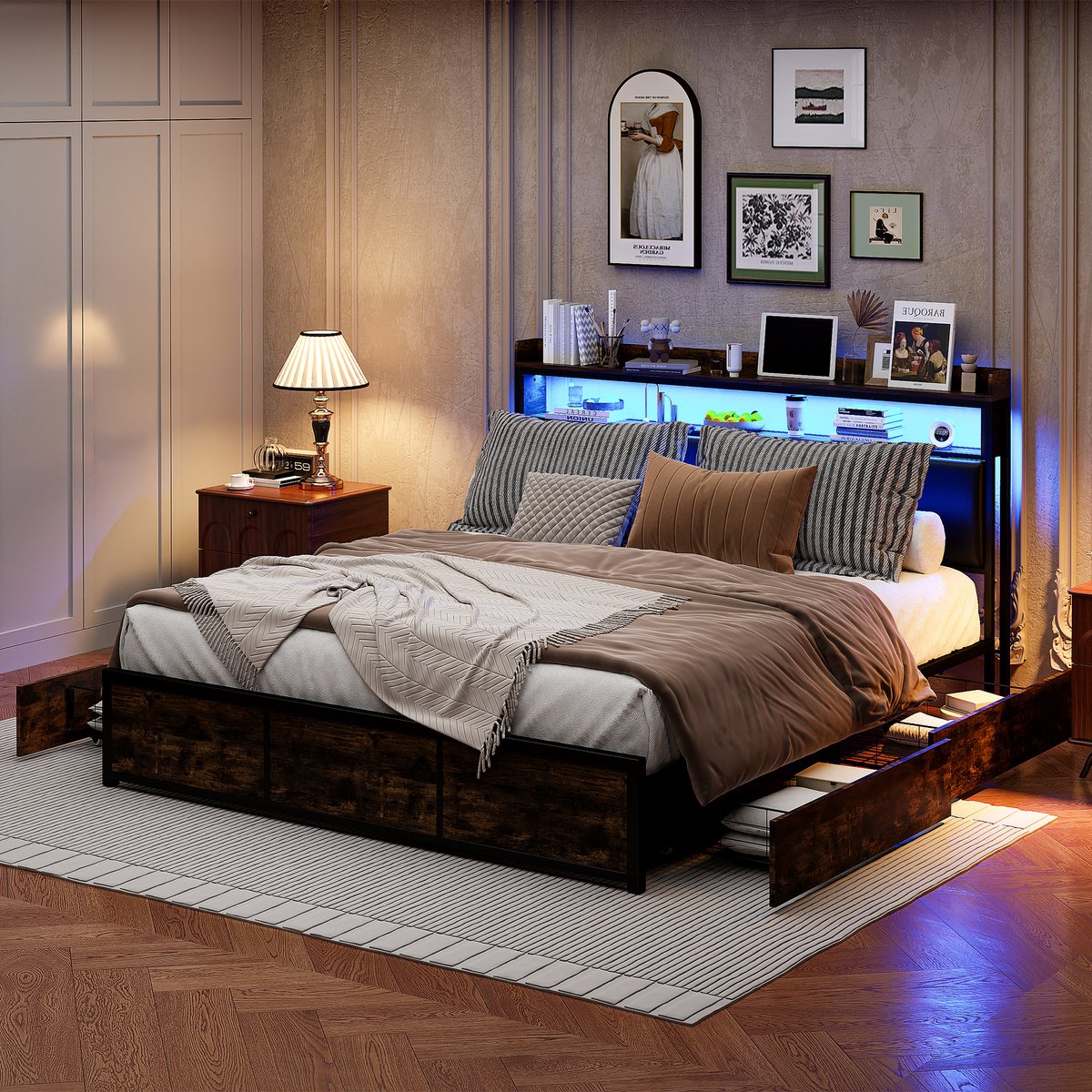 Metalen bed 140x200 cm met 4 laden opbergruimte en LED-hoofdbord, gestoffeerd bed tweepersoonsbed metalen bedframe met lattenbodem, voor volwassenen en tieners, vintage bruin + zwart