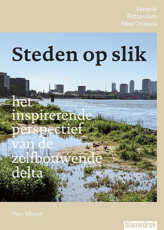 Boekcover met de titel 'Steden op slik'. Een stadsgezicht met een rivier en groen in de voorgrond.