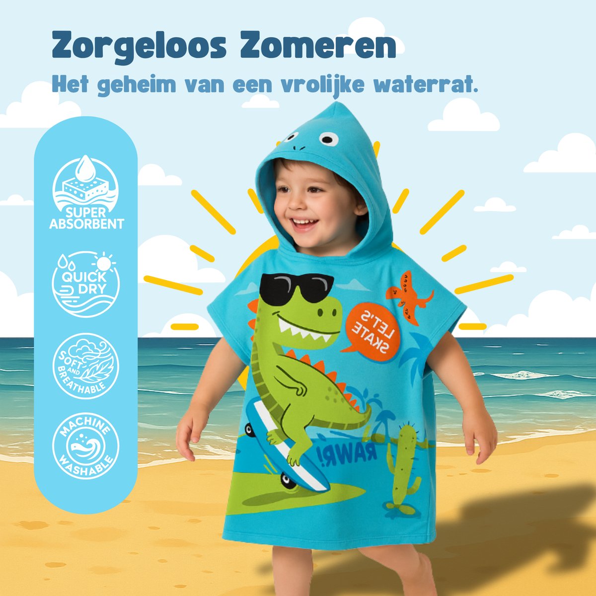 JAXY - Badcape Baby met Capuchon – Zachte Sneldrogende Badponcho Kind – Microvezel Poncho Handdoek voor Meisje & Jongen – Strandponcho voor Kinderen - Dino Skateboard — afbeelding 4