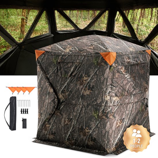 270° Transparant Jachthut, 1-2 Persoons Pop-Up Hertenhut met Draagtas, Draagbare Tent, 3 Horizontale Ramen voor De Jacht op Kalkoenen en Herten, Camouflagestof — afbeelding 3