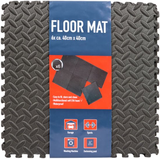 Verpakking met zes donkergrijze puzzeltegels, 40x40cm. Tekst 'FLOOR MAT' en logo's.