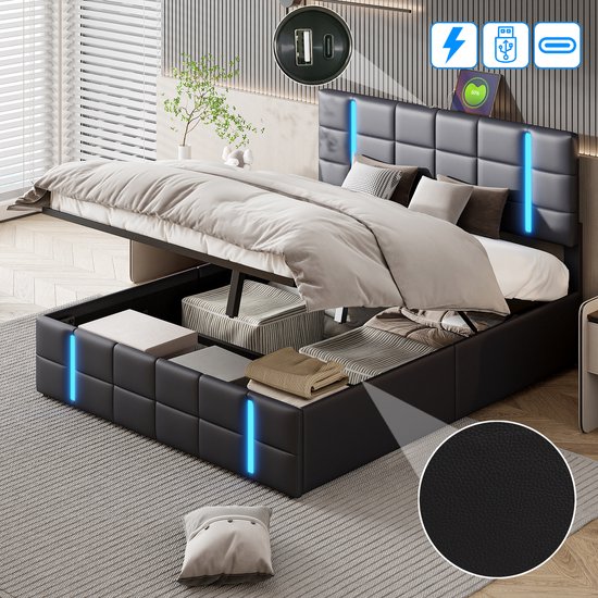Opbergbed 160x200 cm, tweepersoons gestoffeerd bed met LED-verlichting en USB-poort, gestoffeerd bed met opbergvak en hoofdeinde, bedframe voor volwassenen, tienerjongens, PU zwart (zonder matras)