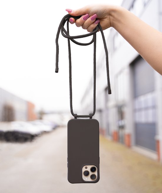 Coverzs Coque en silicone avec cordon adapté pour iPhone 14 Pro (café noir) + Protège-écran ShieldCase - Verre de protection Protection iPhone - Coque de protection iPhone + Protège-écran