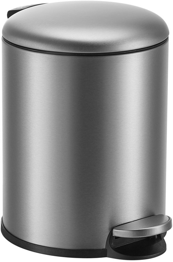 HÜSQ Prullenbak 5 Liter - "Slimbin" - Soft-close Pedaalemmer - ronde Vuilnisbak voor WC of Badkamer - mat geborsteld RVS zilver