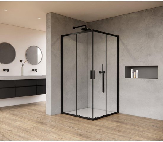 Cabine de douche FugaFlow Efficiente Vetro - 90x90x200cm - entrée d'angle - verre transparent - profilé - noir mat