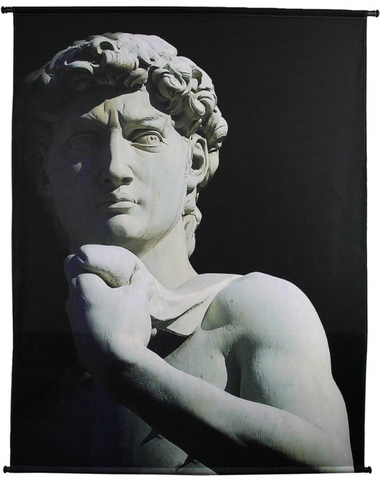 Een wandtapijt met het hoofd van David van Michelangelo op een zwarte achtergrond.