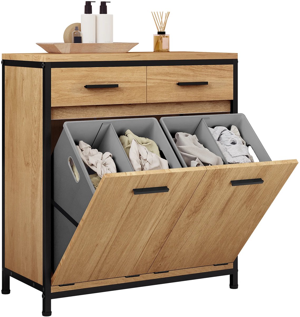 Linnenkast met 2 Waszakken & Lades – Opbergkast met Wasmand – 72,5x80x34 cm – MDF & Metaal – Modern Design – Licht Eiken & Zwart – Voor Badkamer of Wasruimte – Badkamerkast
