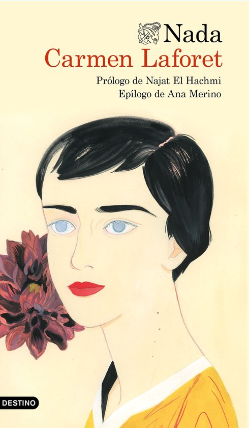 Couverture de livre illustrée d'une femme aux cheveux noirs et aux yeux bleus, avec des lèvres rouges et une fleur rouge foncé.