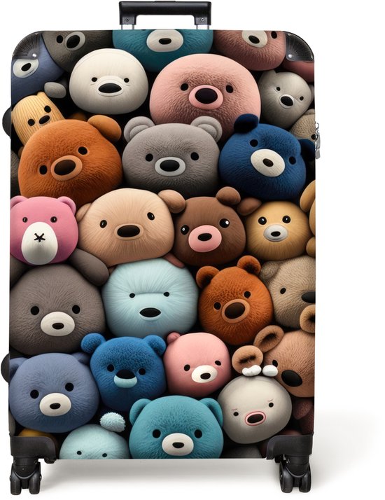 Zwarte koffer met een vrolijke print van veel teddyberen.