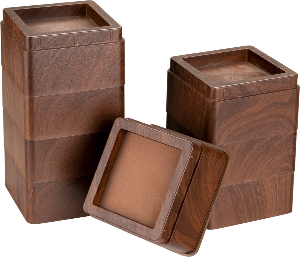 Bedverhogers Hout print- bedklossen - meubelverhogers - stoelverhogers per 8. Stapelbaar tussen 5, 10, 15 en 20 cm. Max. 1000 kg belasting
