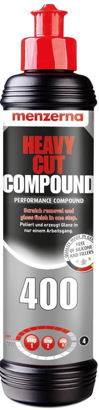 Menzerna Heavy Cut Compound 400 polijstmiddel in een zwarte fles met rode dop. Label is zilverkleurig met rode en witte tekst en "Made in Germany".