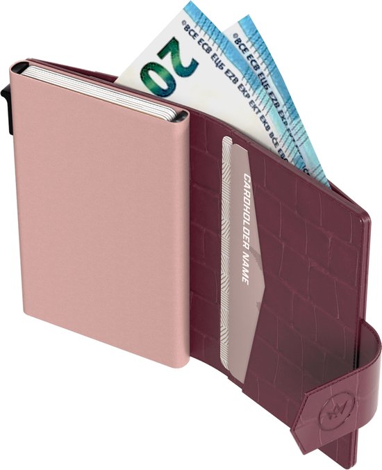 Prowallet Plus – Croco Bordeaux – Porte-cartes RFID – Portefeuille compact avec porte-cartes coulissant – Pour 8 cartes, billets et monnaie – Aluminium et simili cuir – Coffret cadeau de luxe – Femme