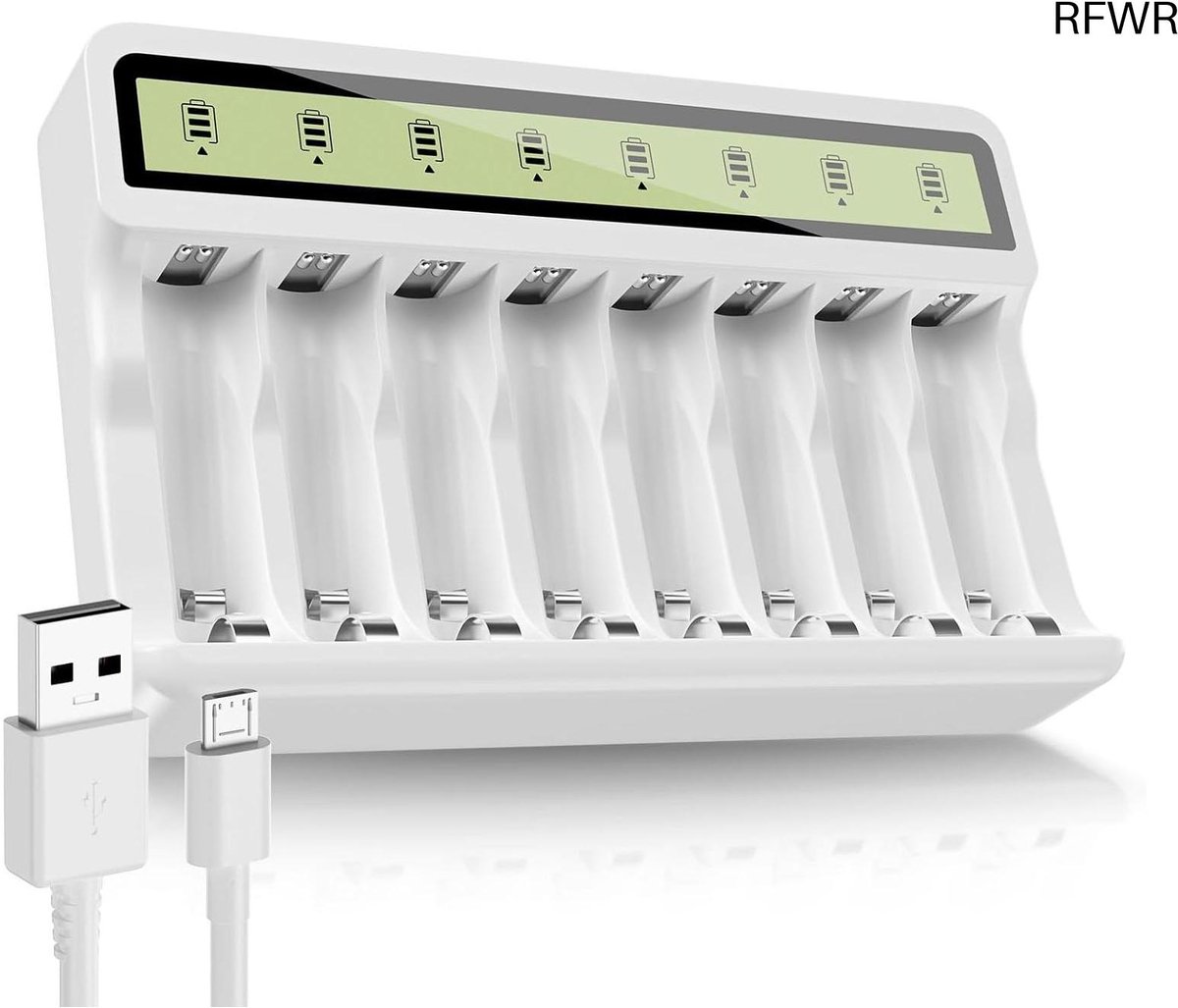 RFWR® Oplaadbare Batterijlader met 8 Slots voor AA en AAA - USB Compatibel en Veilig