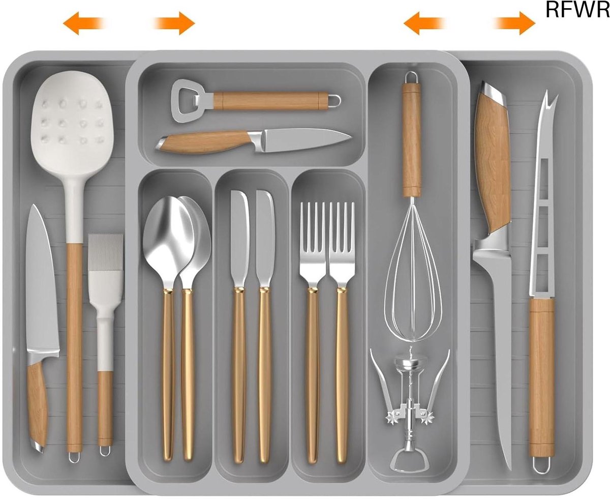 RFWR® Verstelbare Bestekbak voor Laden - 40 cm, Efficiënte Keukenorganizer in Grijs