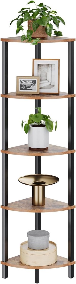 Hoekrek, staand rek, boekenkast met 5 niveaus, ladderrek, opbergrek, plantenrek voor keuken, woonkamer, industrieel design, vintage bruin-zwart