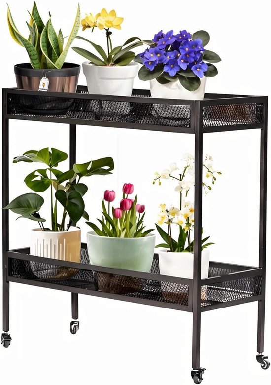 MEEYUU 2 Tier 80cm Metal Modern Wooden Corner Plant Stand - Indoor Plant Shelf, Square Flower Pot Holder Shelf Display Rack (2-Layer-Black