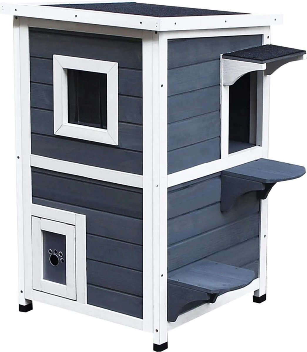 Kattenhuis - Voor buiten - Hok - Kooi - Bench - Ren - 2 verdiepingen - duurzaam - Grijs