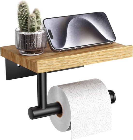 Porte-rouleau de papier toilette avec étagère en bois, support mural en bois pour mouchoirs, acier inoxydable noir mat, accessoires de salle de bain, décoration pour la maison, l'appartement, les toilettes, essentiel