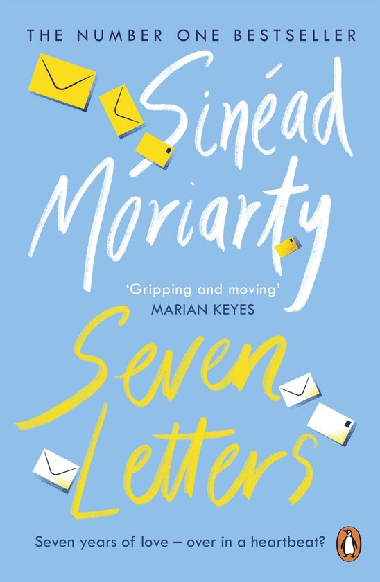 Boek "Seven Letters" van Sinéad Moriarty, met gele en witte enveloppen op een blauwe achtergrond.