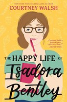Boekomslag met getekende vrouw met bril en rode pen, met tekst 'The Happy Life of Isadora Bentley'.