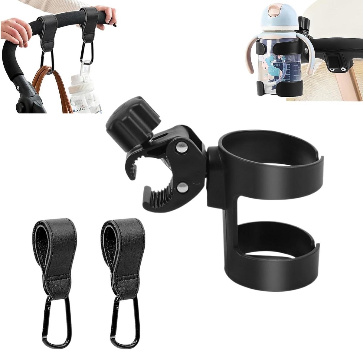 Allecto Plus - Universele 360 graden bekerhouder voor kinderwagen en buggy met verstelbare flessenhouder en antislip eigenschappen - Handige accessoire voor fietsen, mountainbikes en rolstoelen - Zwart