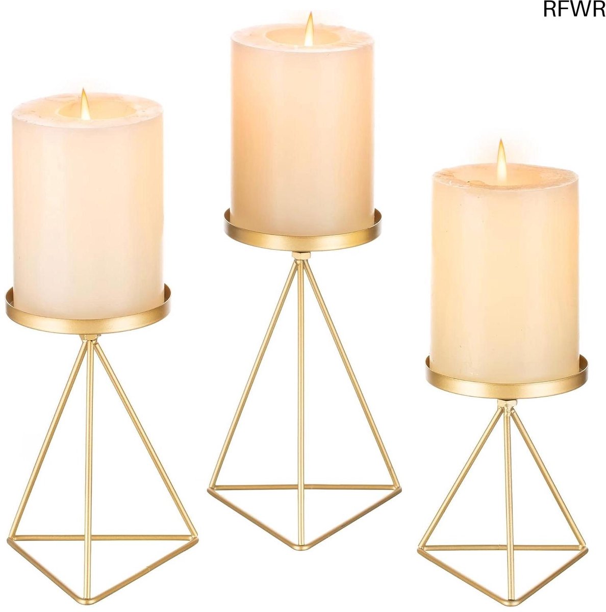 RFWR® Geometrische Metalen Kandelaars Set - 3 Stuks voor Pijlerkaarsen, Vintage Design, Ideaal voor Woonkamer, Eetkamer en Feestelijke Gelegenheden