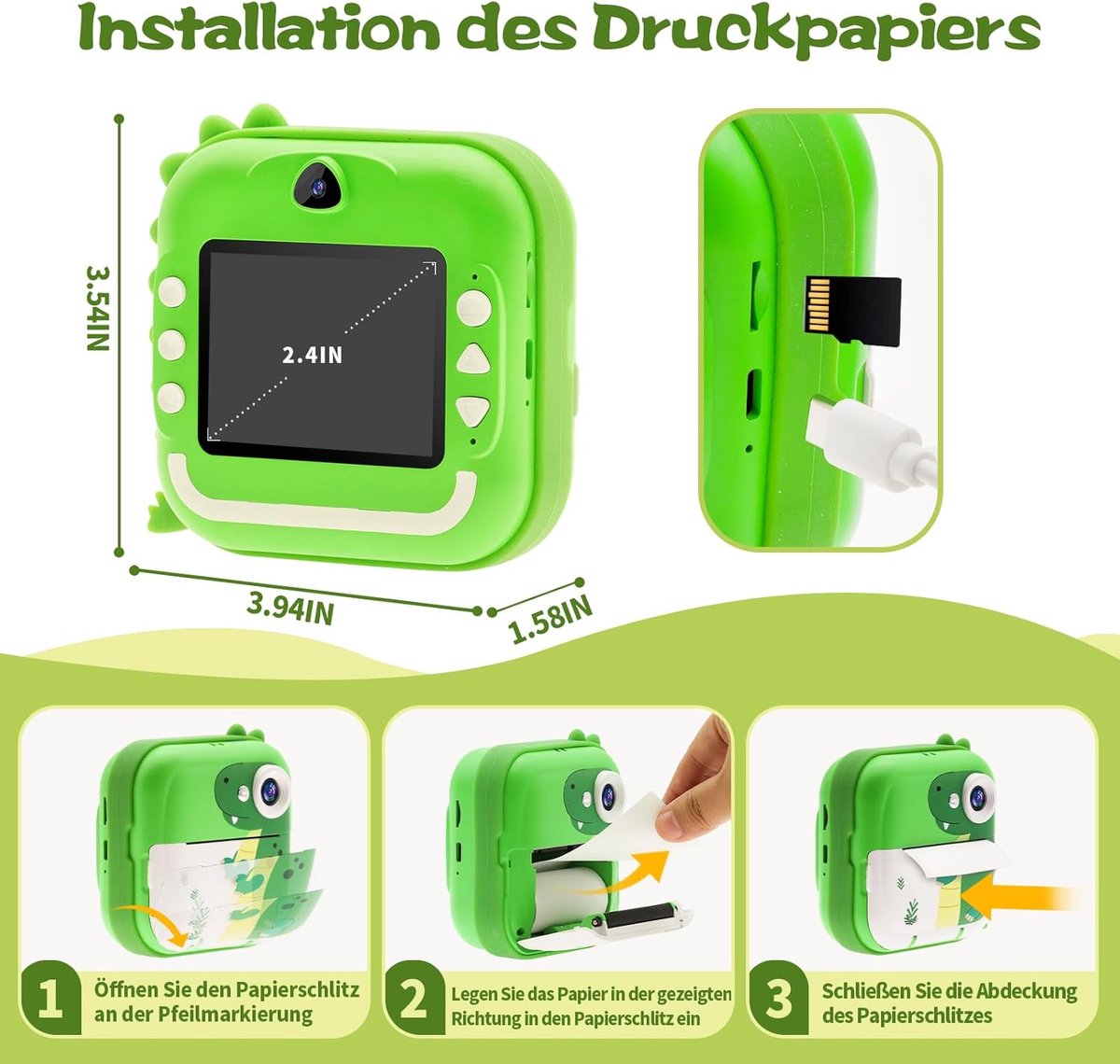 RFWR® Digitale Instant Camera voor Kinderen met 12 MP en 1080p Video, 2,4 Inch Scherm, Inclusief 32GB SD-kaart en Inktloze Printtechnologie