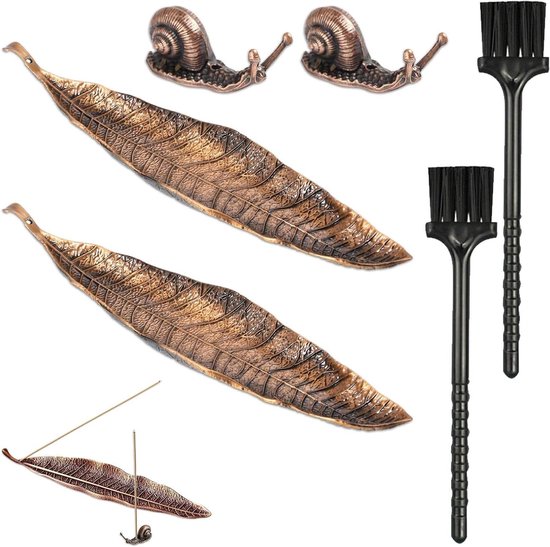 Foto: Allecto plus bronzen wierookhouder set van 4 antieke asvangers met metalen bladeren voor wierookstokjes interieurdecoratie meditatie en yoga inclusief mini bezem