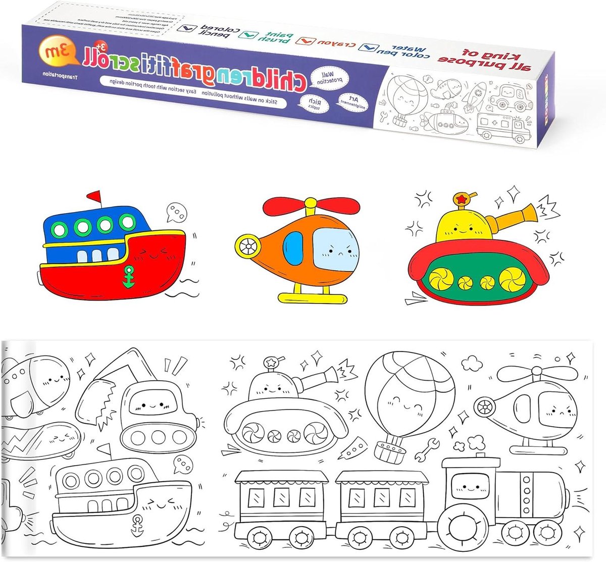 Zelfklevende Schilderrol voor Kinderen - Leuk Creatief Speelgoed - Inkleuren en Tekenen - Wit Papierrol - Schilderpapierrol voor Kinderen - Graffiti Rol voor Jongens en Meisjes - 30 x 300 cm (Transport Thema)