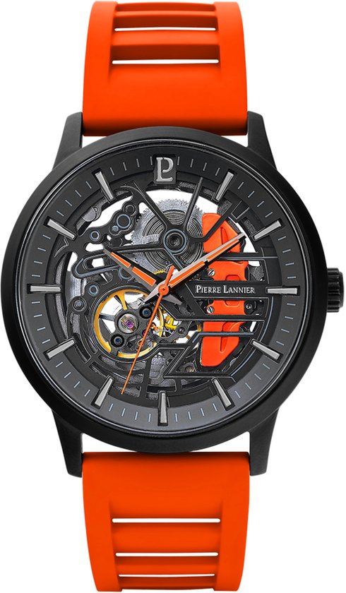 Zwart automatisch horloge met een open wijzerplaat, zilverkleurige indices en een oranje rubberen band.