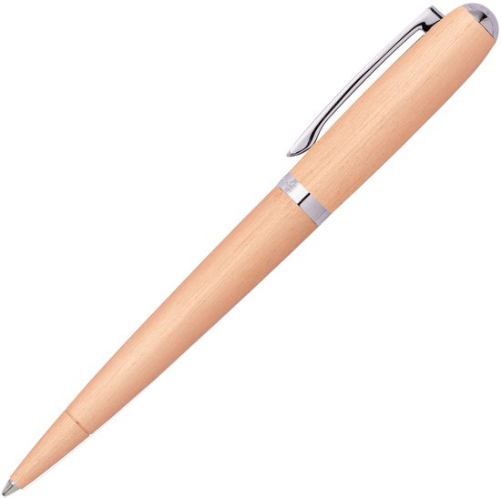 Un stylo bille en bois avec un clip et des bagues argentées.