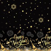 Allecto Plus - Plastic Wegwerp Tafelkleden Zwart Goud - Set van 3 - Nieuwjaar Decoraties 2022 - Tafelhoezen en Banner - 130 x 274 CM