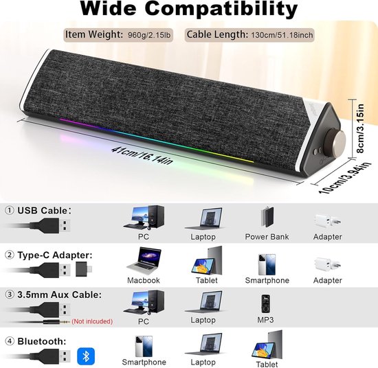 RFWR® USB Bluetooth 5.3 Computer Soundbar - Duidelijk Geluid en LED Verlichting van RFWR® — afbeelding 2