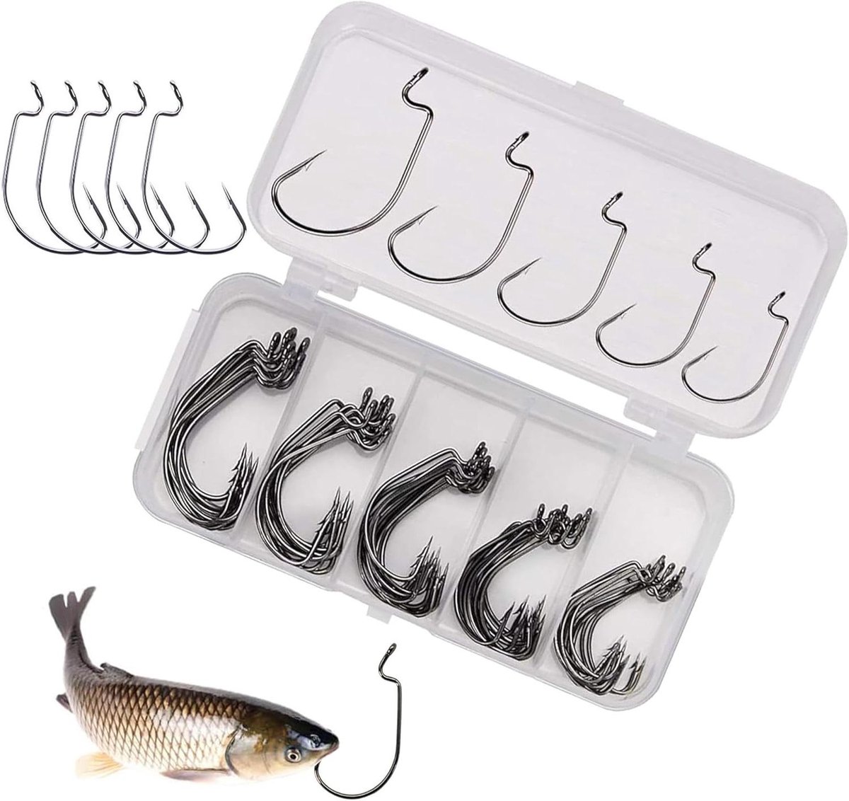 50 Stuks Vishaakjes Assortiment voor Karpervissen - Lokhaak met Kunststof Doos - Carbon Steel Weerhaakvissen - Vissen Tackles - Jig Koolstofstaal - Single Claw Jig Barb - Vishaken Assortiment 5 Soorten