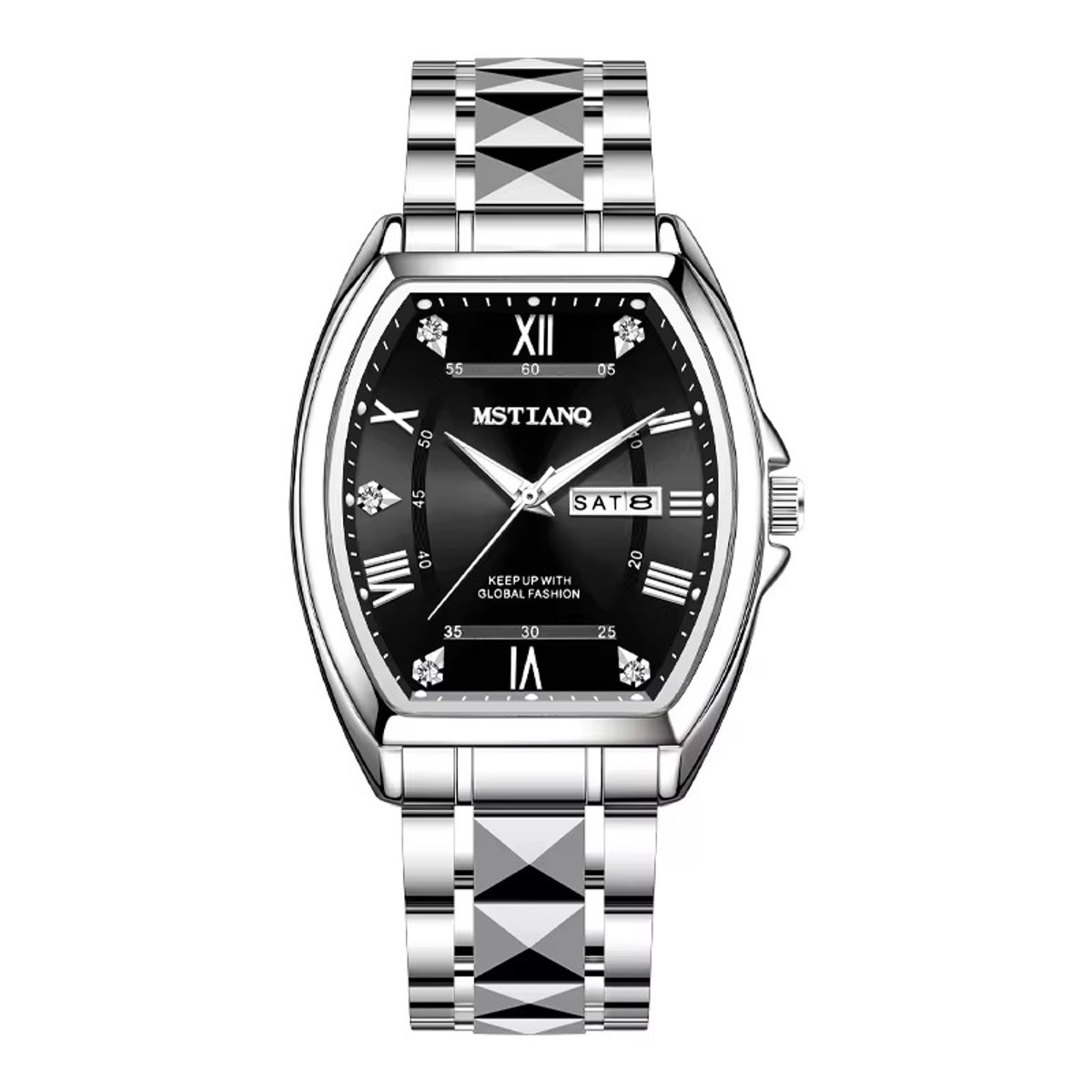 Selevie - Horloge Geneva - Zilverkleurige schakelband met donkerblauwe wijzerplaat - herenhorloge - luxe en comfort - rechthoekige wijzerplaat