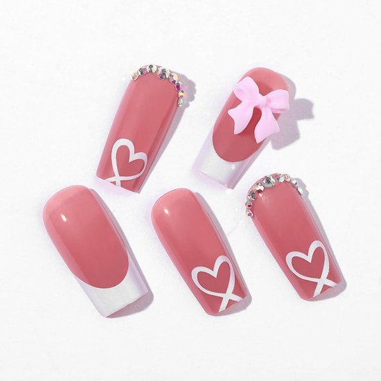 Allecto Plus - 24 pièces French tip press-on avec breloques pour ongles artificiels et ongles en gel