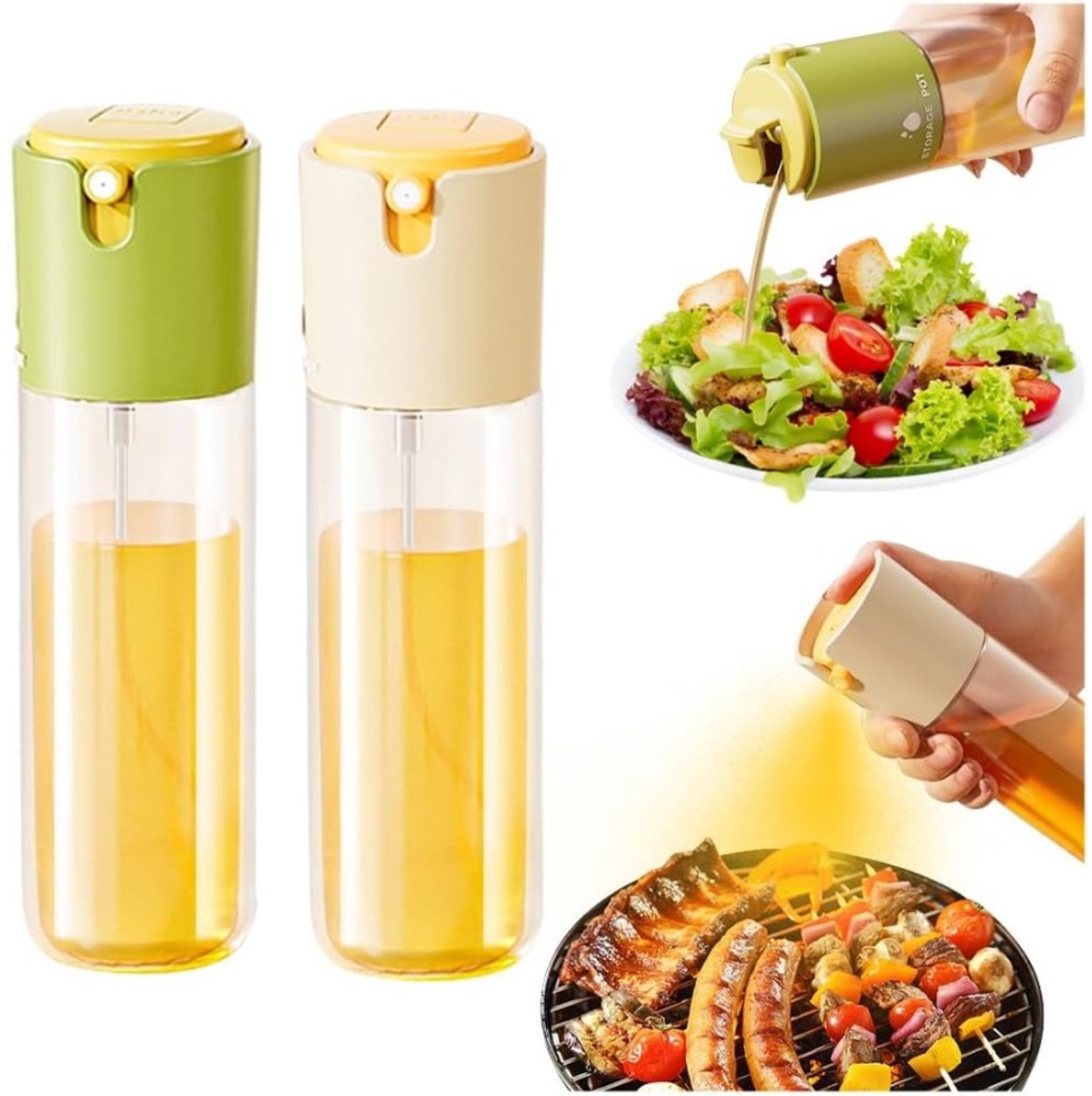 Daity glazen oliesprayfles300 ml - 2-in-1 keukenoliedispenser - heldere oliesprayfles voor keuken - airfryer - grill - bakken en koken ( 2-pack,wit en groen)