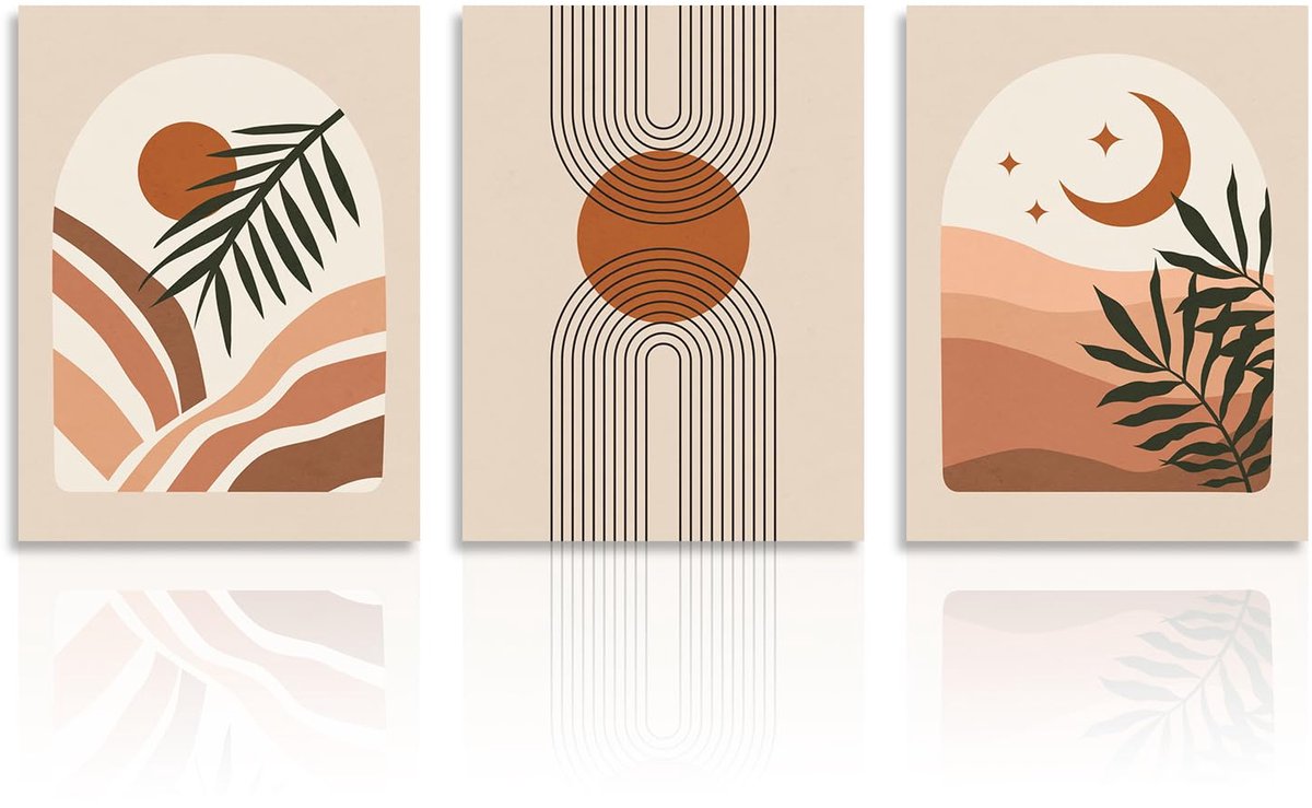Ibenzoa Bohemian Abstracte Canvas Kunst Set van 3 voor Moderne Interieurdecoratie Bruin