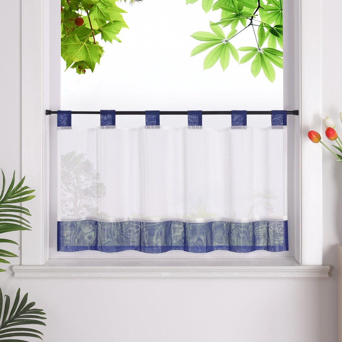 Ibenzoa Vitrage met Lussen in Linnenlook voor Landelijke Sfeer, Donkerblauw, 45 x 120 cm