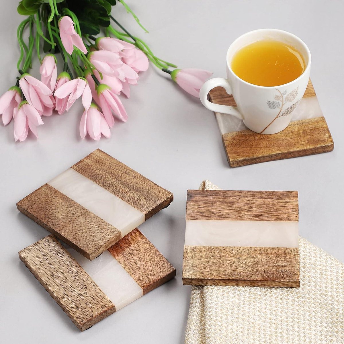 Handmade Decorative Wooden & Resin Square Non-Slip Coasters - Tabletop Protection for Tea Cups, Coffee Mugs, and Glasses - White Set of 4