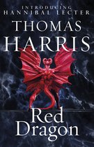 Boekomslag met rode draak en tekst 'Thomas Harris Red Dragon Introducing Hannibal Lecter'.