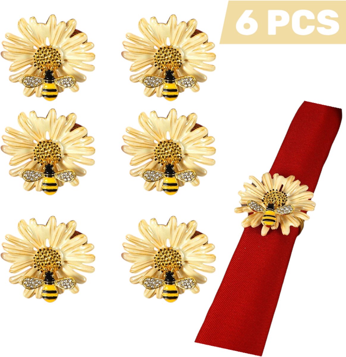 6 stuks - Luxe servetringen met madelief- en bijontwerp - Handgeschilderd met druppelglazuur en strassdetails - Beige kleur - Elegante tafeldecoratie voor westerse diners, hotels en feestelijke gelegenheden