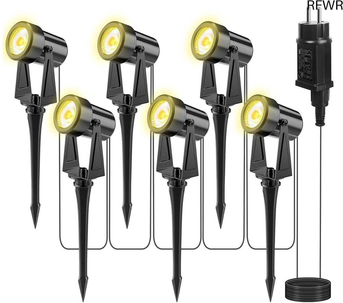 RFWR® Tuinverlichting 6-in-1 LED Spotlights met Stekker - 1800lm Warm Wit & Waterdicht - 6 Stuks