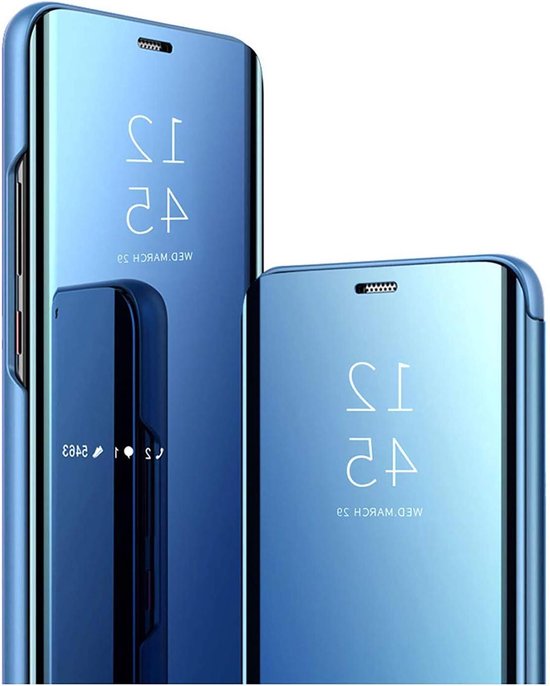 Allecto Plus - Étui à rabat transparent avec fonction support pour Samsung Galaxy S25 Ultra 5G - Blauw avec fenêtre d'affichage miroir. Protège contre les chocs avec support pliable.