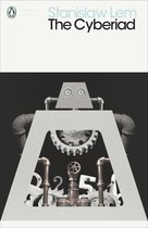De voorkant van het boek 'The Cyberiad' van Stanisław Lem. Een robotachtige figuur met tandwielen en buizen, tegen een donkere achtergrond.