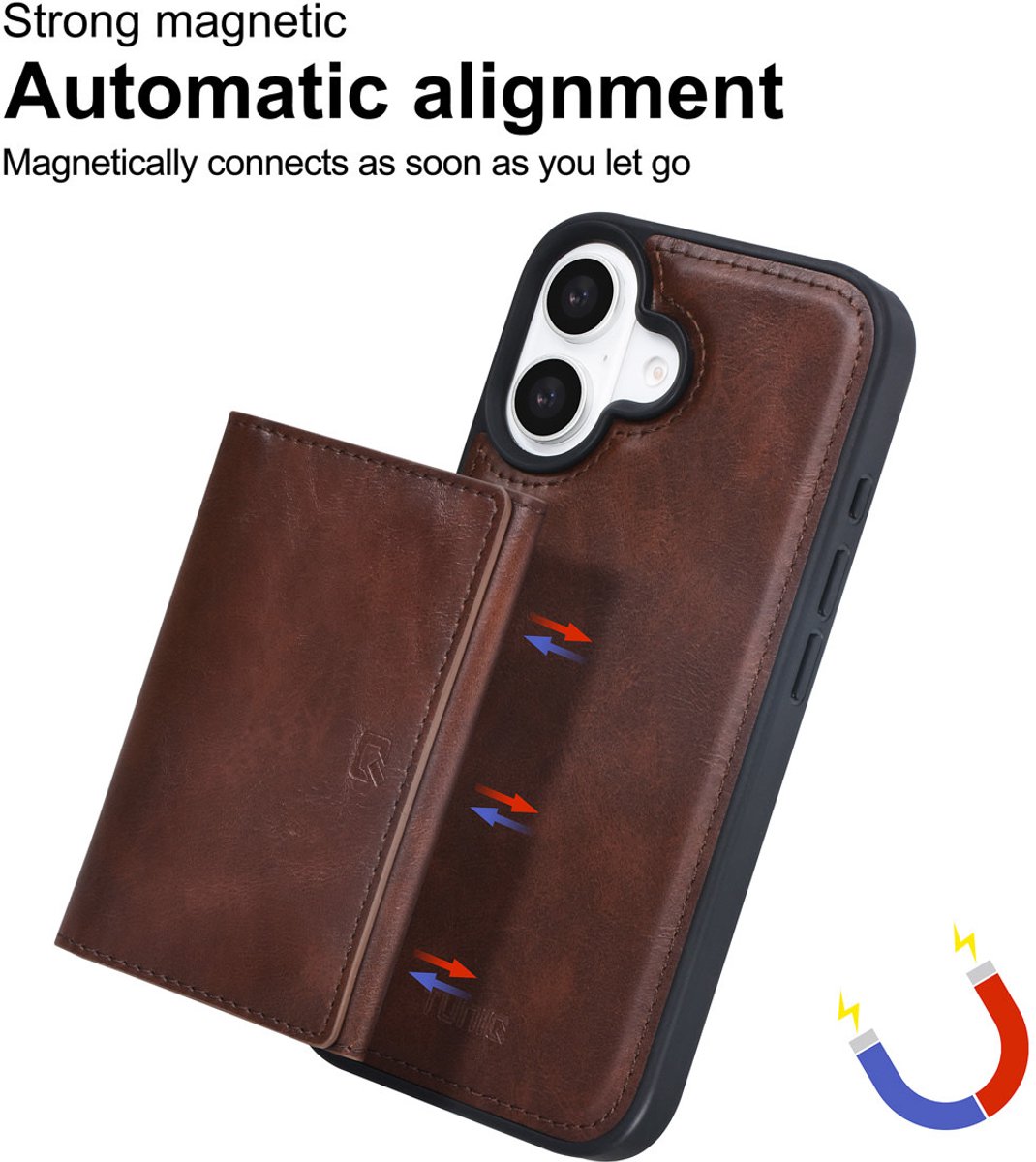 TUNIQ telefoonhoesje voor Apple iPhone 16 - Afneembare pasjeshouder - Bruin