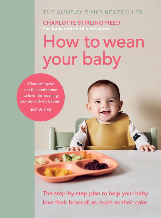 Boek 'How to wean your baby' met een lachende baby in een kinderstoel met slabbertje, met babyvoeding op een bord.