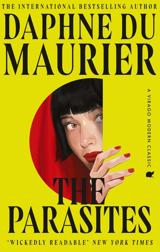 Boek "The Parasites" van Daphne Du Maurier, met op de cover een vrouw met rode lippen en nagels, tegen een gele achtergrond.