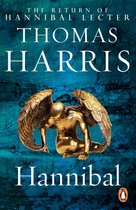 Boekomslag van "Hannibal" met een gouden beeld van een man met vleugels op een blauwe, getextureerde achtergrond. De titel "Hannibal" staat onderaan.