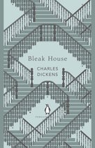 Boek kaft met gestileerde, herhalende trapontwerpen in grijs en lichtblauw, met de titel 'Bleak House' en 'Charles Dickens'.